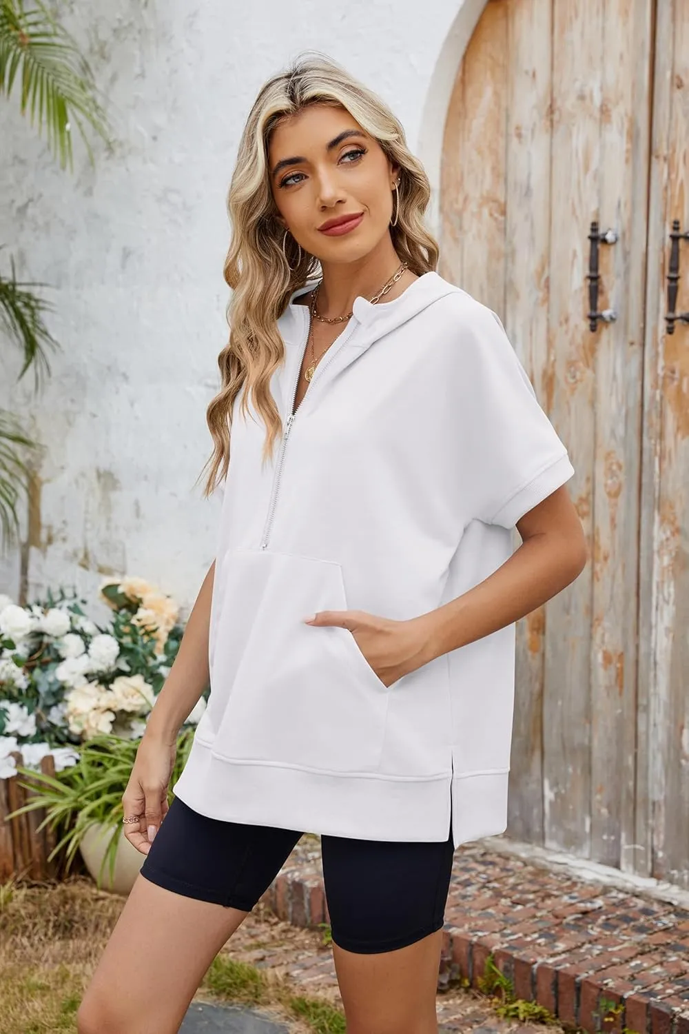 Women Summer Hoodies Shirt Short Sleeve Half Zip Loose Fit Oversized Plus Size Tunic Top Spring Fall