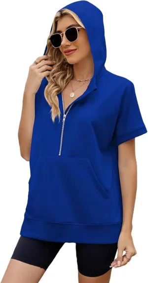 Women Summer Hoodies Shirt Short Sleeve Half Zip Loose Fit Oversized Plus Size Tunic Top Spring Fall