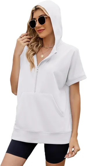 Women Summer Hoodies Shirt Short Sleeve Half Zip Loose Fit Oversized Plus Size Tunic Top Spring Fall