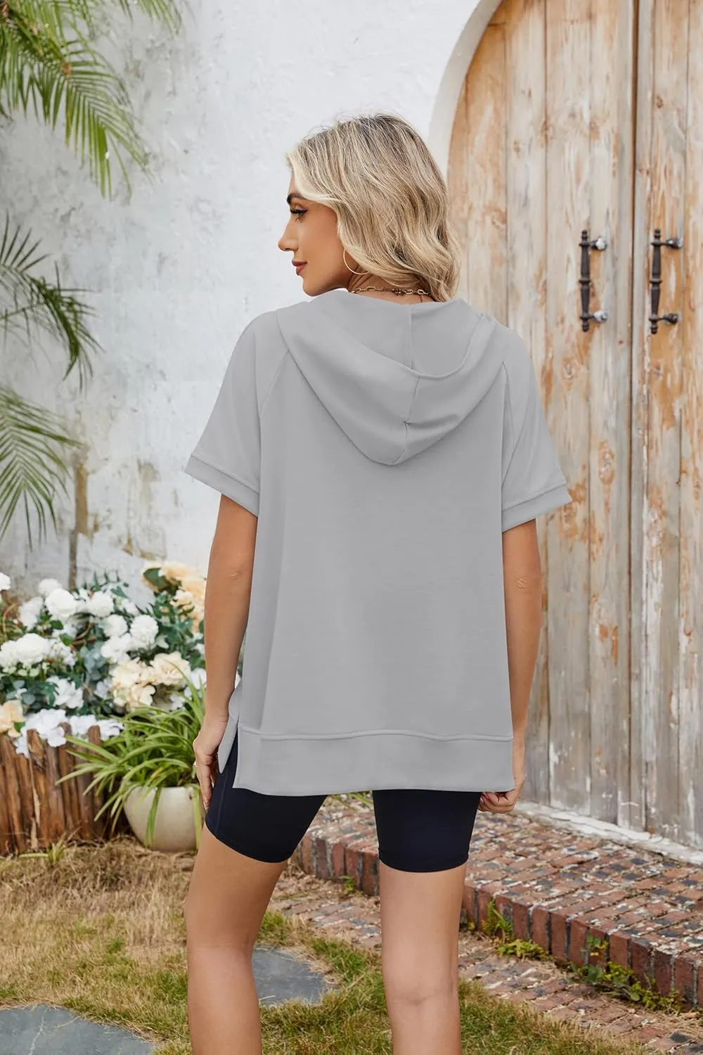 Women Summer Hoodies Shirt Short Sleeve Half Zip Loose Fit Oversized Plus Size Tunic Top Spring Fall