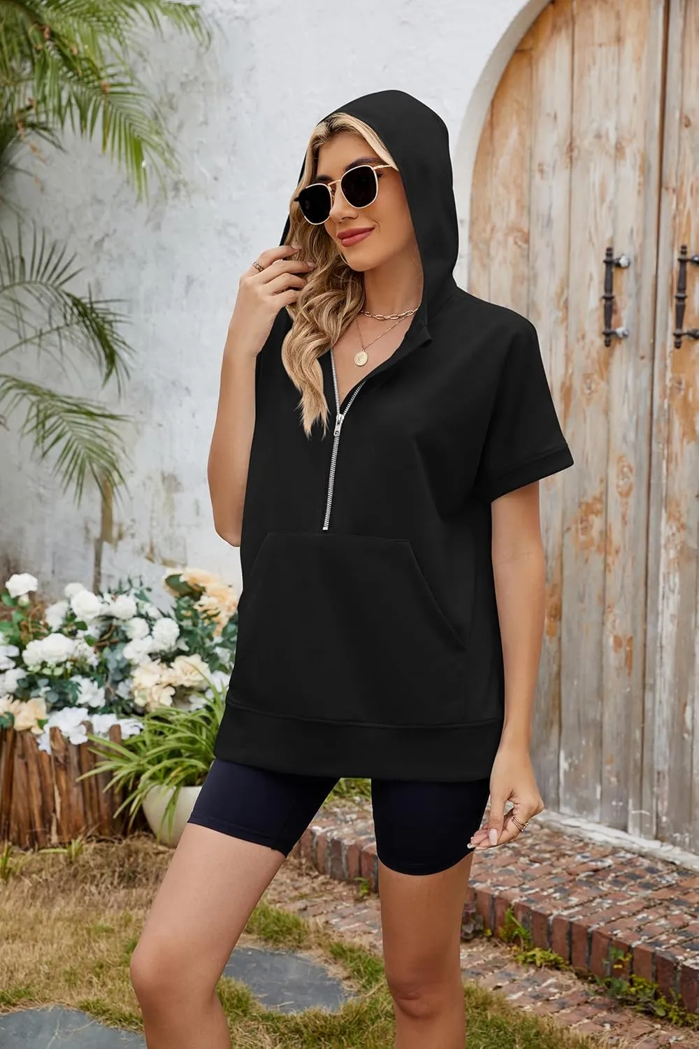 Women Summer Hoodies Shirt Short Sleeve Half Zip Loose Fit Oversized Plus Size Tunic Top Spring Fall