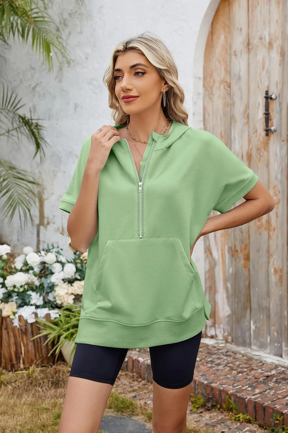 Women Summer Hoodies Shirt Short Sleeve Half Zip Loose Fit Oversized Plus Size Tunic Top Spring Fall