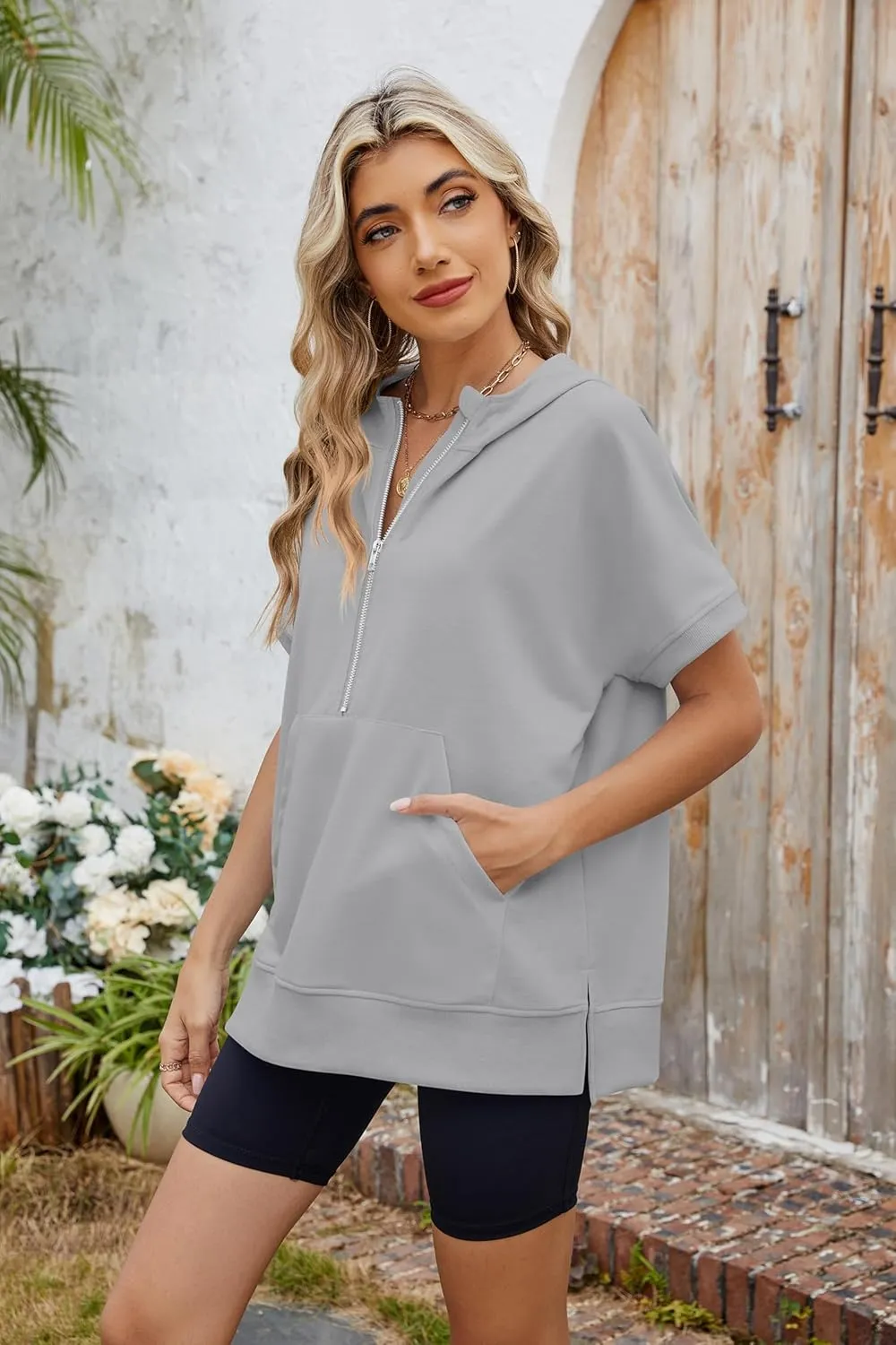 Women Summer Hoodies Shirt Short Sleeve Half Zip Loose Fit Oversized Plus Size Tunic Top Spring Fall