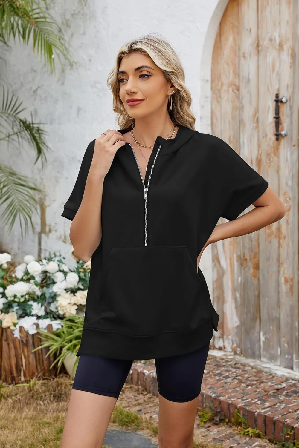 Women Summer Hoodies Shirt Short Sleeve Half Zip Loose Fit Oversized Plus Size Tunic Top Spring Fall