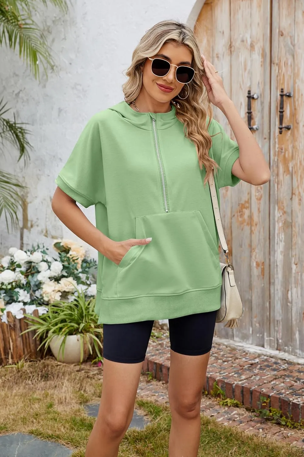 Women Summer Hoodies Shirt Short Sleeve Half Zip Loose Fit Oversized Plus Size Tunic Top Spring Fall