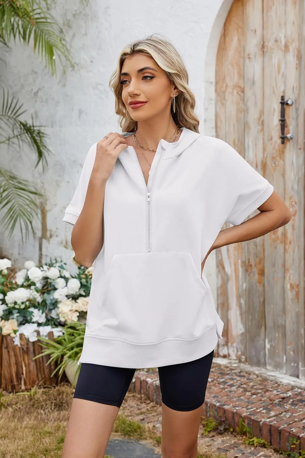 Women Summer Hoodies Shirt Short Sleeve Half Zip Loose Fit Oversized Plus Size Tunic Top Spring Fall