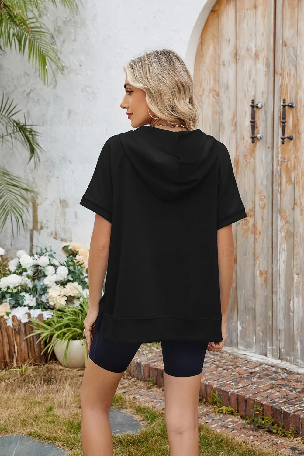 Women Summer Hoodies Shirt Short Sleeve Half Zip Loose Fit Oversized Plus Size Tunic Top Spring Fall