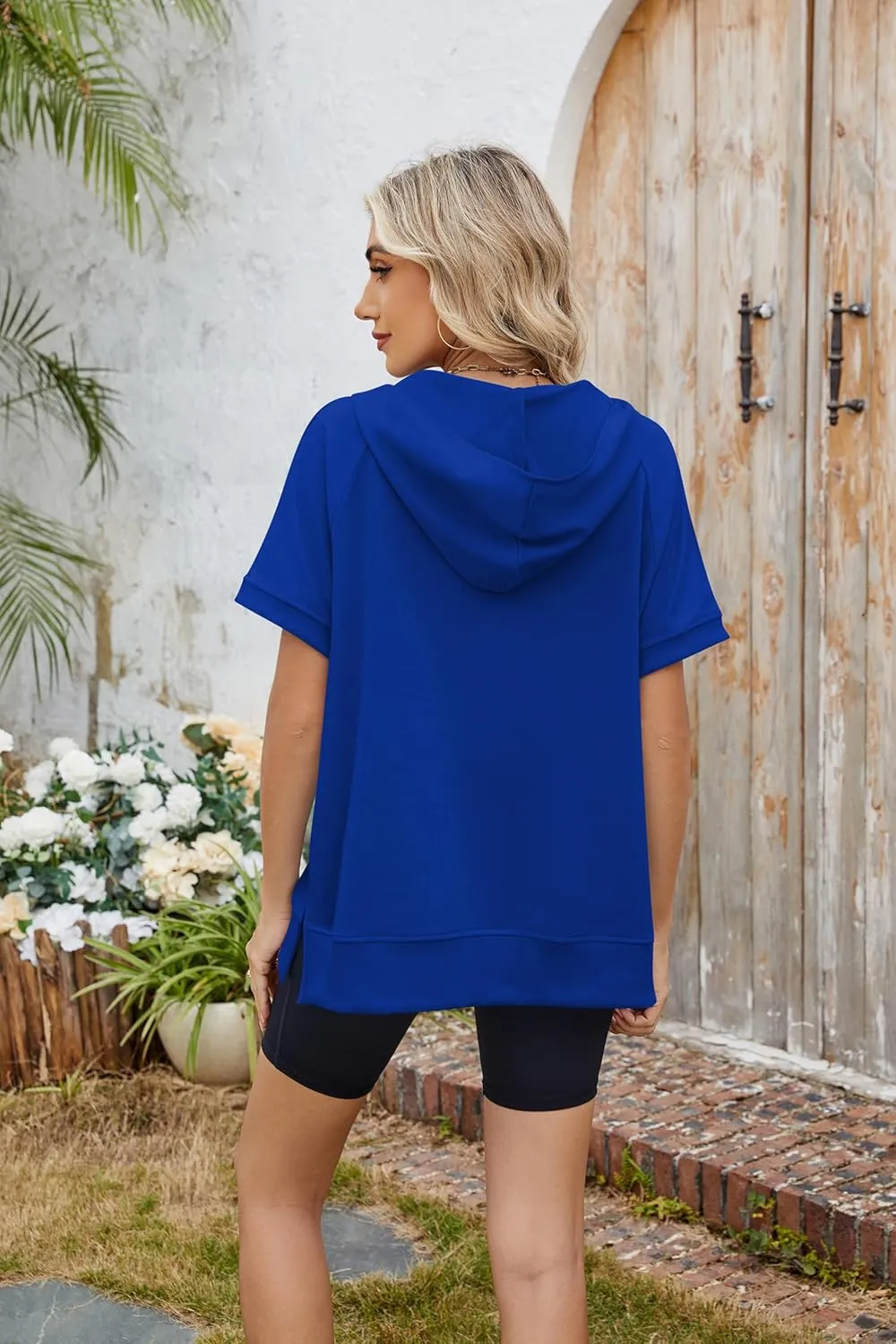 Women Summer Hoodies Shirt Short Sleeve Half Zip Loose Fit Oversized Plus Size Tunic Top Spring Fall