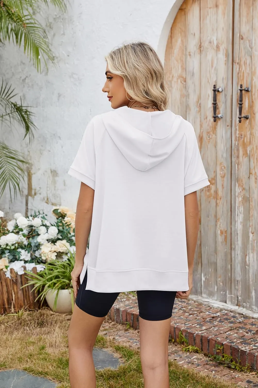 Women Summer Hoodies Shirt Short Sleeve Half Zip Loose Fit Oversized Plus Size Tunic Top Spring Fall