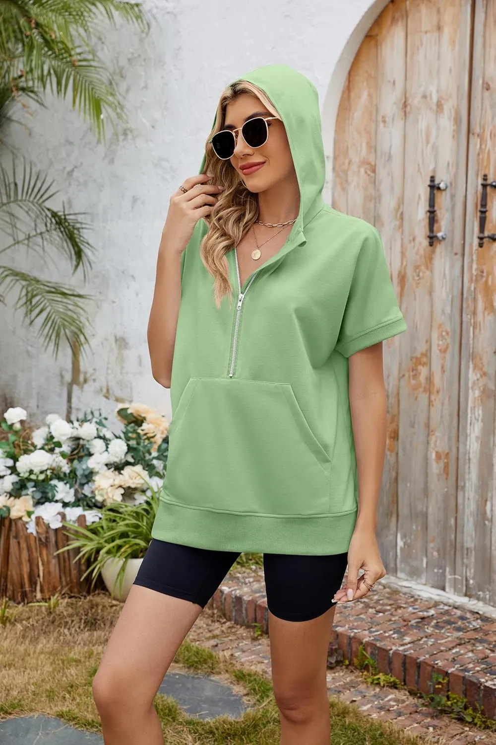 Women Summer Hoodies Shirt Short Sleeve Half Zip Loose Fit Oversized Plus Size Tunic Top Spring Fall