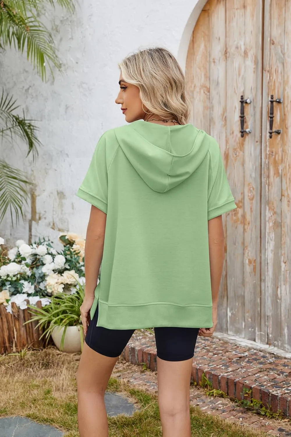 Women Summer Hoodies Shirt Short Sleeve Half Zip Loose Fit Oversized Plus Size Tunic Top Spring Fall