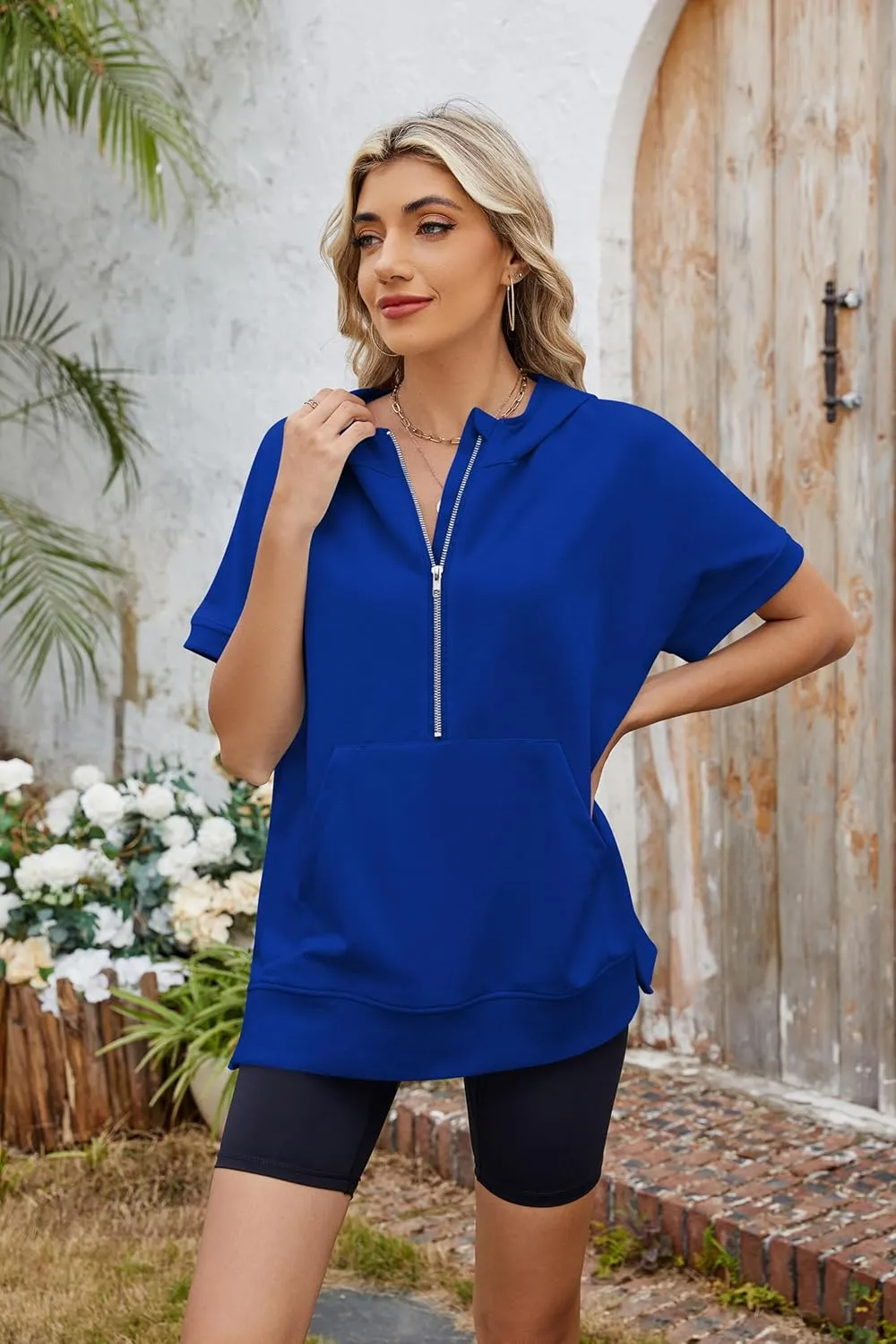 Women Summer Hoodies Shirt Short Sleeve Half Zip Loose Fit Oversized Plus Size Tunic Top Spring Fall