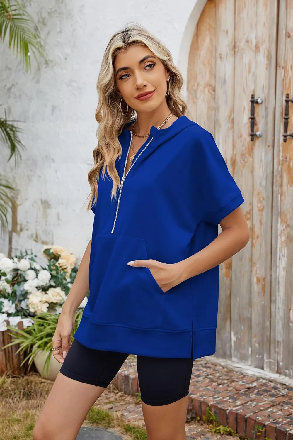 Women Summer Hoodies Shirt Short Sleeve Half Zip Loose Fit Oversized Plus Size Tunic Top Spring Fall