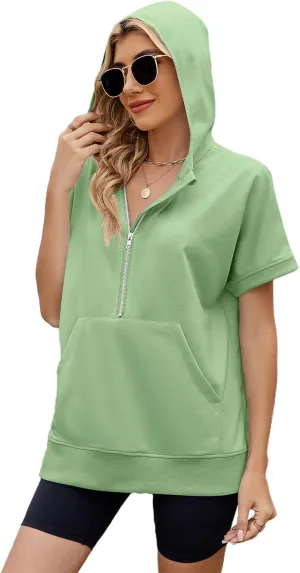 Women Summer Hoodies Shirt Short Sleeve Half Zip Loose Fit Oversized Plus Size Tunic Top Spring Fall