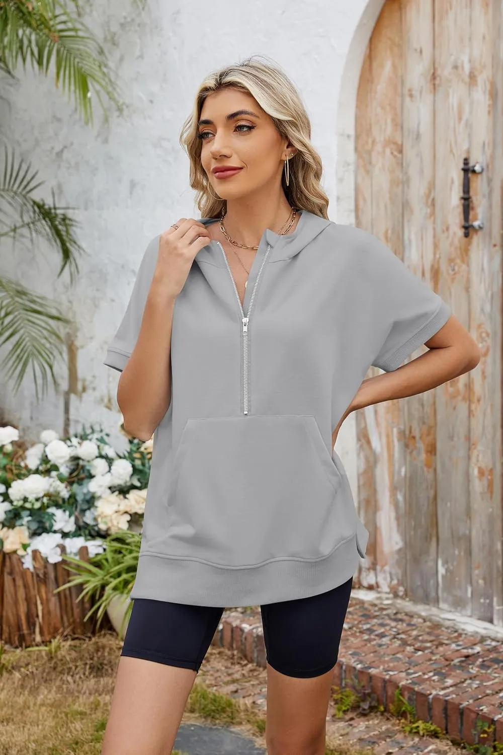 Women Summer Hoodies Shirt Short Sleeve Half Zip Loose Fit Oversized Plus Size Tunic Top Spring Fall