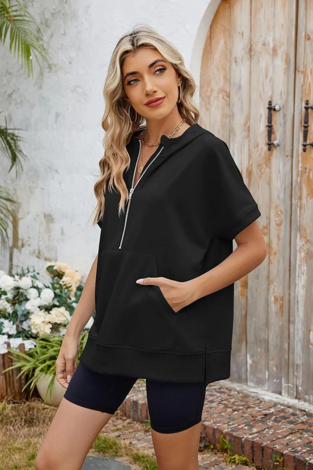 Women Summer Hoodies Shirt Short Sleeve Half Zip Loose Fit Oversized Plus Size Tunic Top Spring Fall