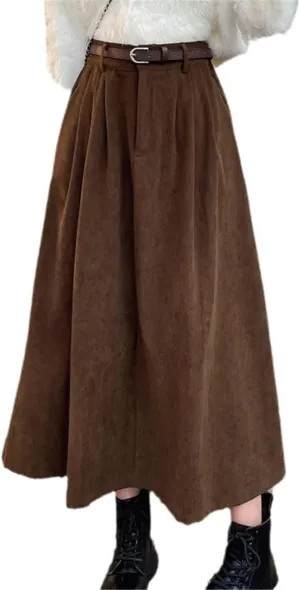 Women Vintage Fall Corduroy Long Skirt w/Belt Flowy A-Line Pleated Maxi Dress Japanese Style Cottagecore Midi Skirts