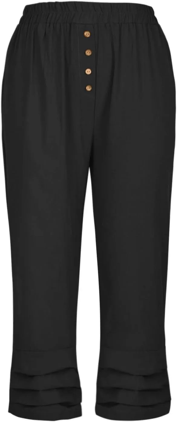 Womens Cotton Linen Capri Trousers with Elasticated Waist, Summer Capri Pants Breathable 3/4 Length Trouser with Pocket
