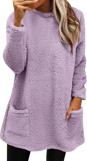 Women's Cute Sweatshirt Sherpa Pullover Sweater Fuzzy Fleece Hoodie Oversized Pockets Shirts Athletic Cozy Tops