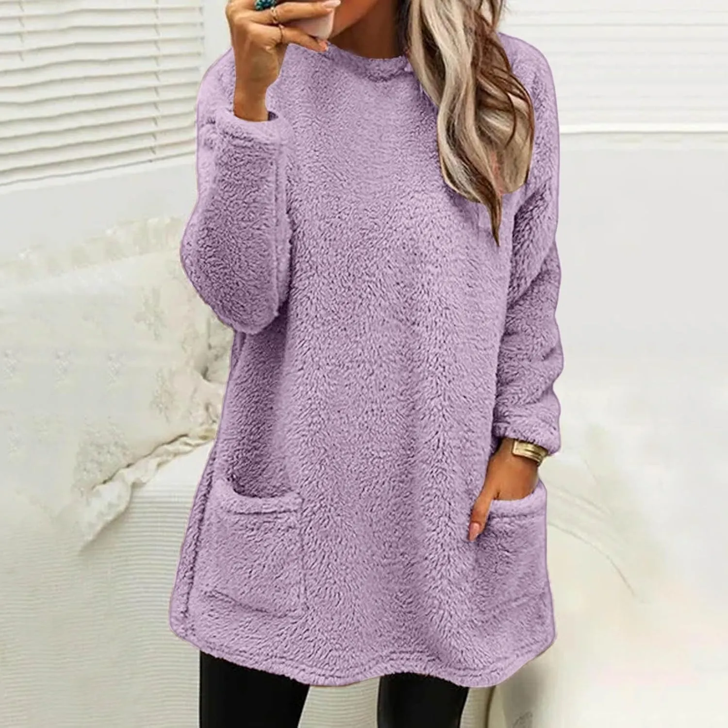 Women's Cute Sweatshirt Sherpa Pullover Sweater Fuzzy Fleece Hoodie Oversized Pockets Shirts Athletic Cozy Tops