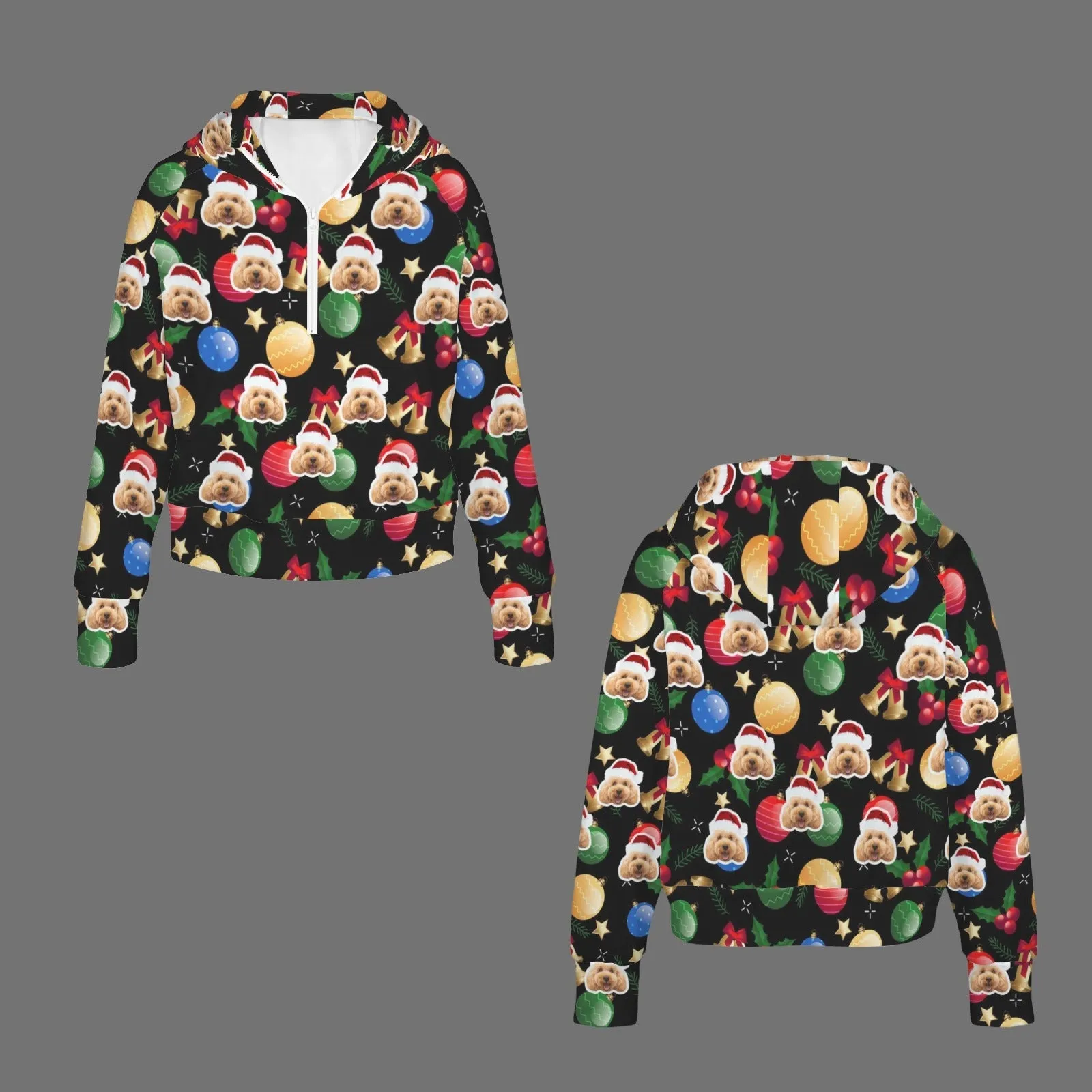 Women's Half Zip Cropped Hoodies Custom Face Christmas Lights Fleece Athletic Pullover Hoodies with Pockets Thumb Hole