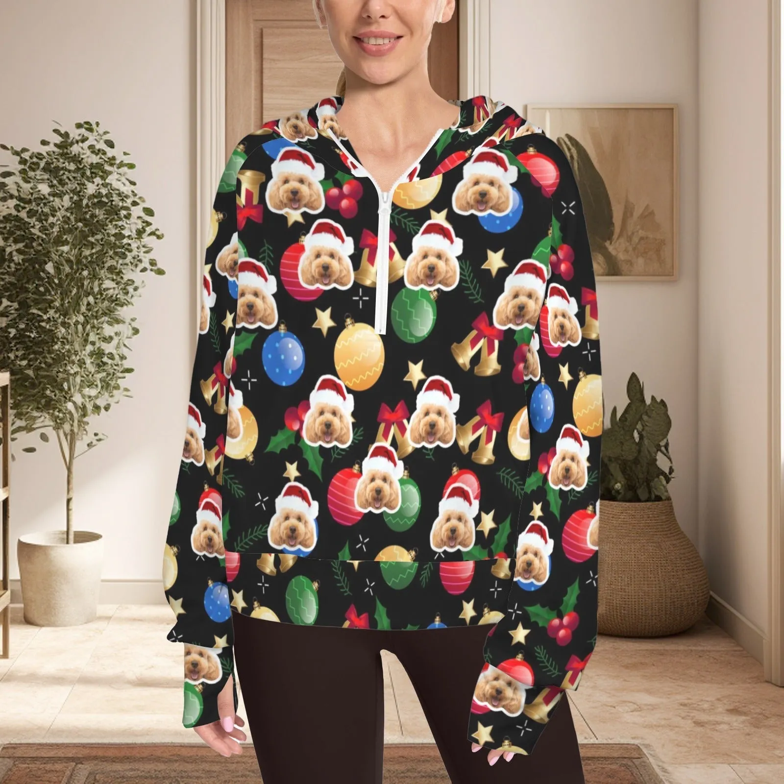 Women's Half Zip Cropped Hoodies Custom Face Christmas Lights Fleece Athletic Pullover Hoodies with Pockets Thumb Hole