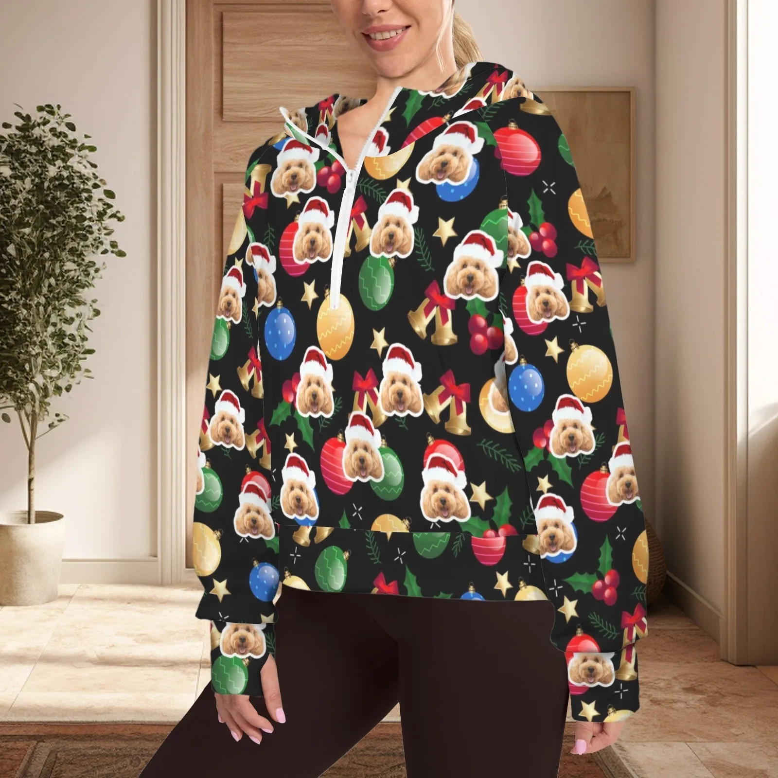 Women's Half Zip Cropped Hoodies Custom Face Christmas Lights Fleece Athletic Pullover Hoodies with Pockets Thumb Hole