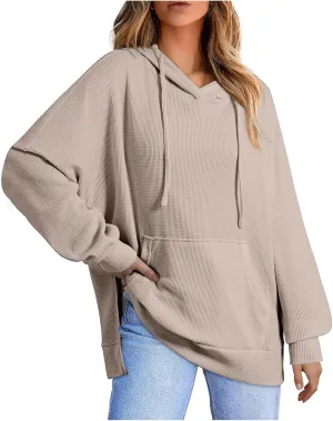 Womens Hoodies Long Sleeve Solid Drawstring Split Side Ribbed Knit Fall Oversized Sweatshirt for Women with Pocket
