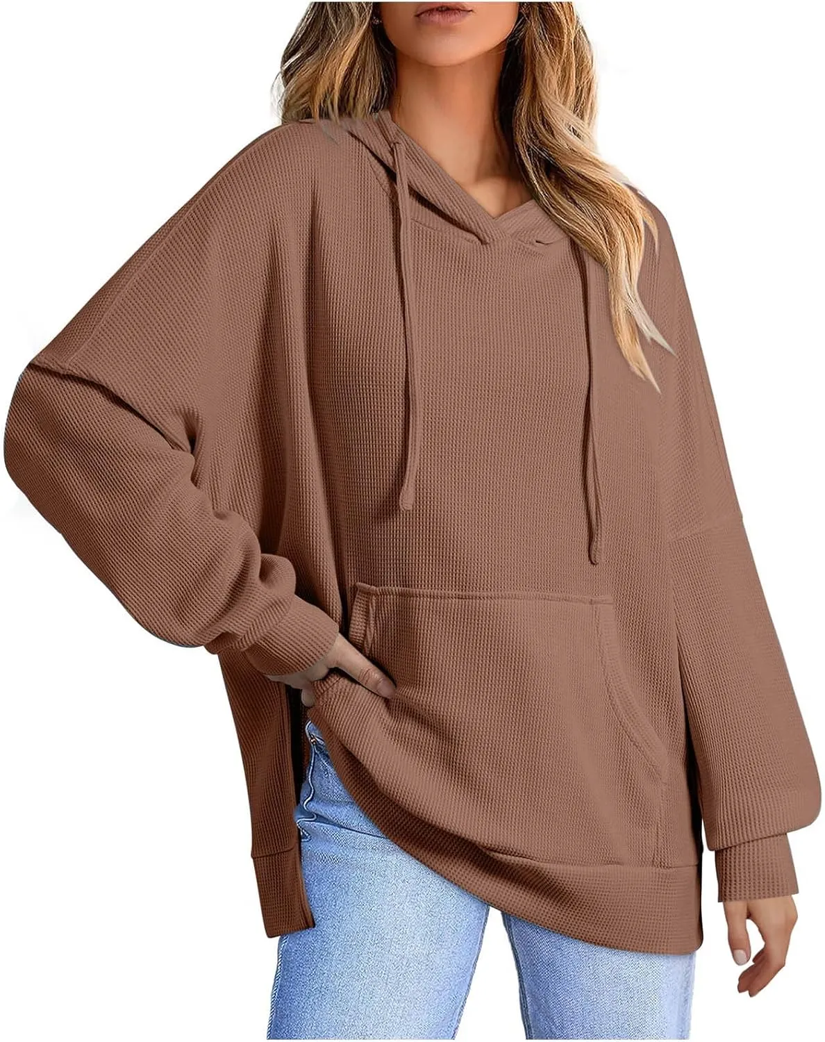 Womens Hoodies Long Sleeve Solid Drawstring Split Side Ribbed Knit Fall Oversized Sweatshirt for Women with Pocket