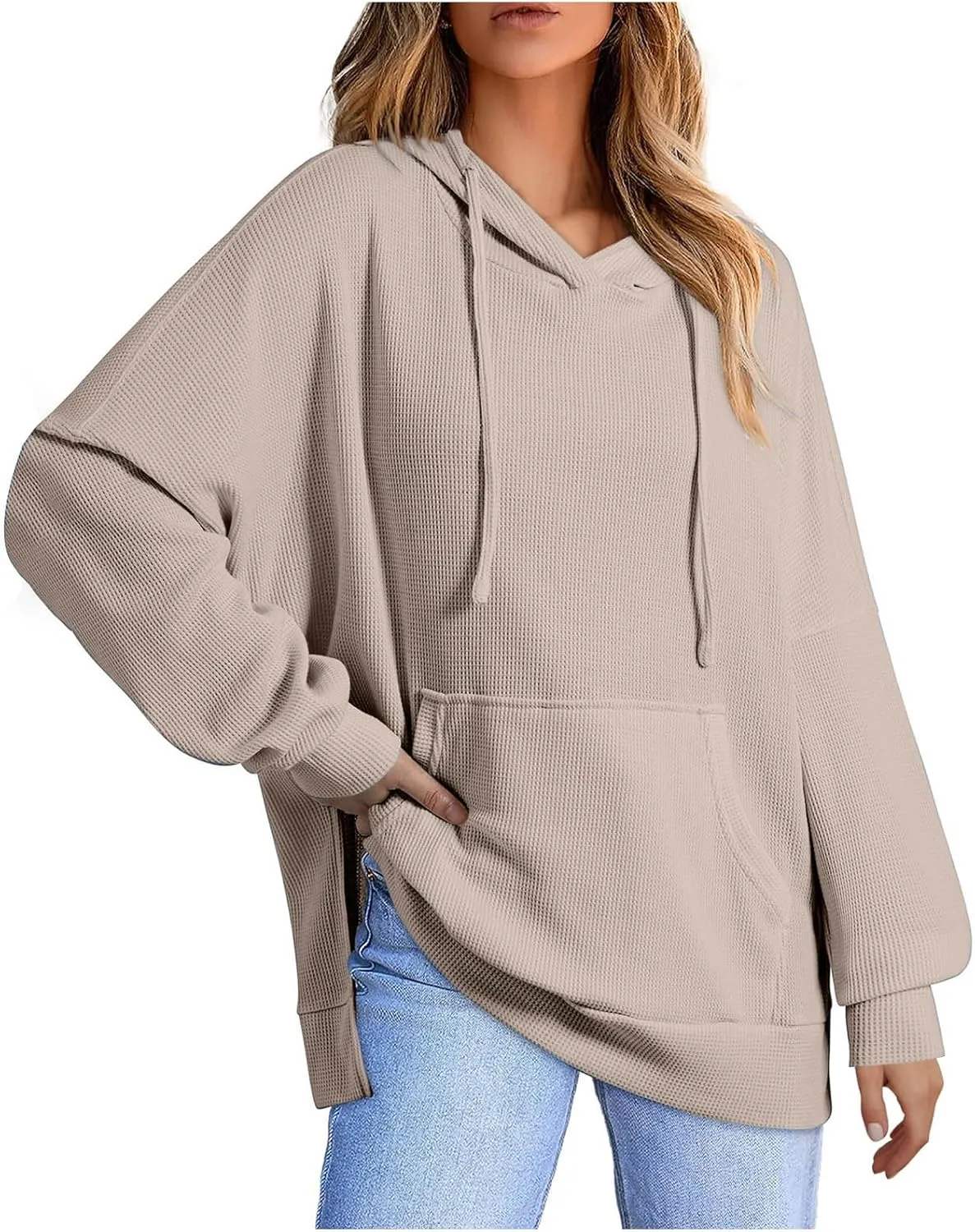Womens Hoodies Long Sleeve Solid Drawstring Split Side Ribbed Knit Fall Oversized Sweatshirt for Women with Pocket