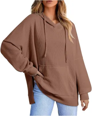 Womens Hoodies Long Sleeve Solid Drawstring Split Side Ribbed Knit Fall Oversized Sweatshirt for Women with Pocket