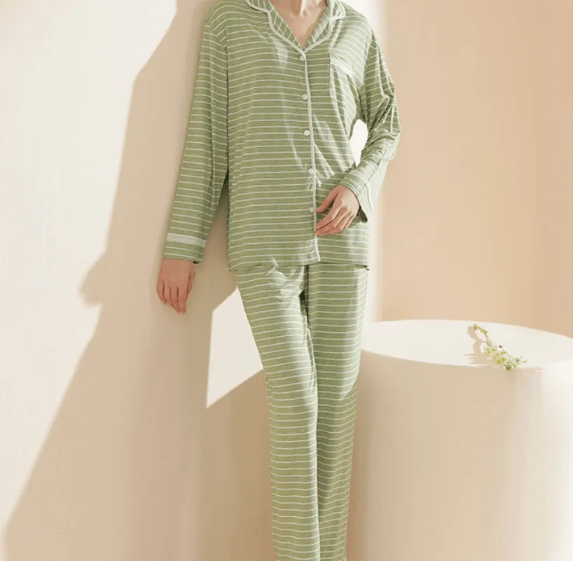 Women's Knit Casual Striped Modal Cardigan Can Be Worn Outside Long-sleeved Trousers Pajamas Home Wear