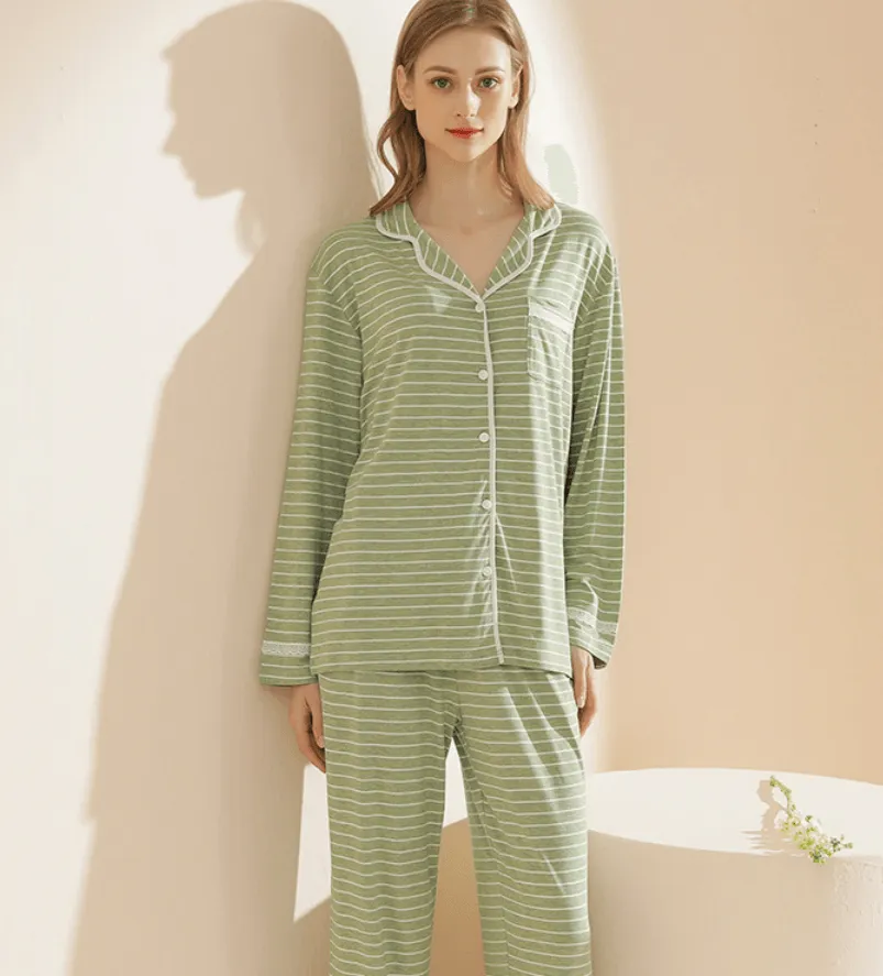 Women's Knit Casual Striped Modal Cardigan Can Be Worn Outside Long-sleeved Trousers Pajamas Home Wear
