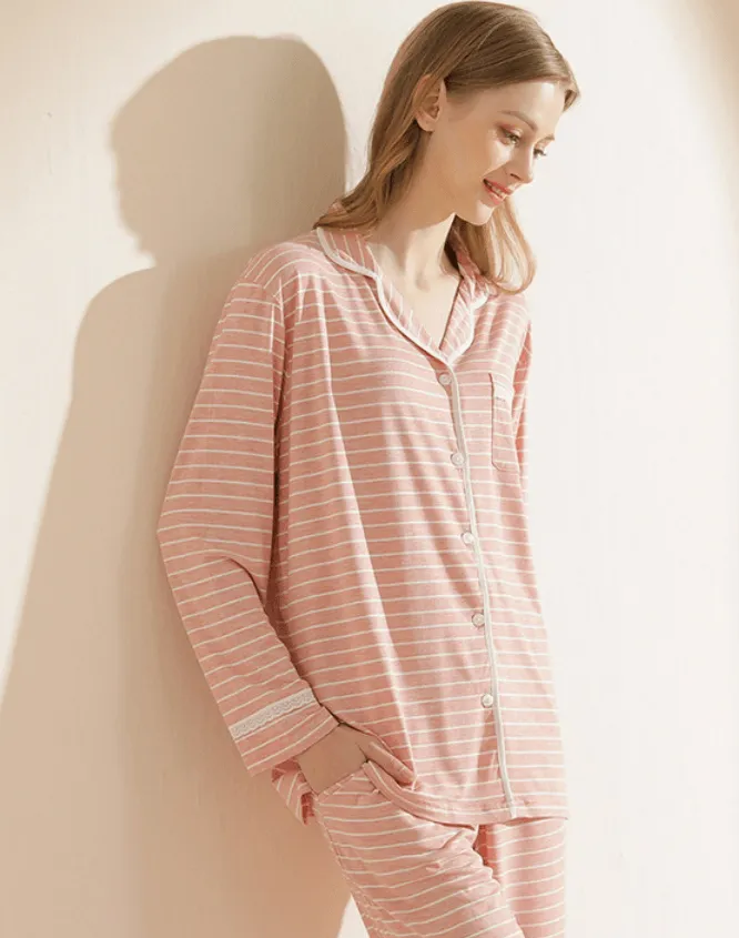 Women's Knit Casual Striped Modal Cardigan Can Be Worn Outside Long-sleeved Trousers Pajamas Home Wear