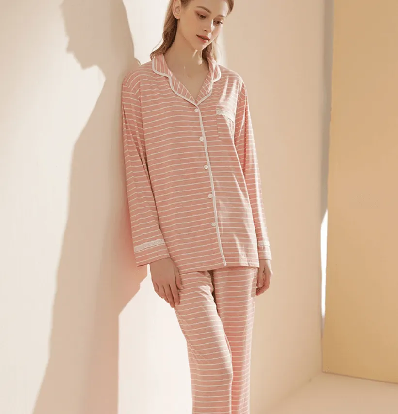 Women's Knit Casual Striped Modal Cardigan Can Be Worn Outside Long-sleeved Trousers Pajamas Home Wear