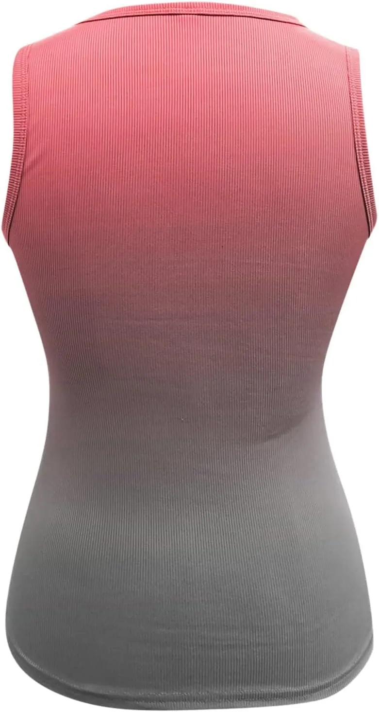 Womens Sleeveless Henley Tank Tops Ribbed Knit Scoop Neck Button Up T Shirts Summer Ombre Slim Fit Tee Tops Stretch