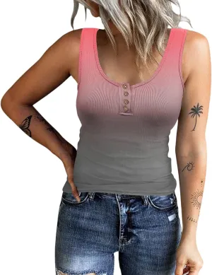 Womens Sleeveless Henley Tank Tops Ribbed Knit Scoop Neck Button Up T Shirts Summer Ombre Slim Fit Tee Tops Stretch