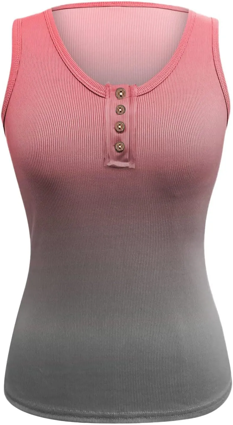Womens Sleeveless Henley Tank Tops Ribbed Knit Scoop Neck Button Up T Shirts Summer Ombre Slim Fit Tee Tops Stretch