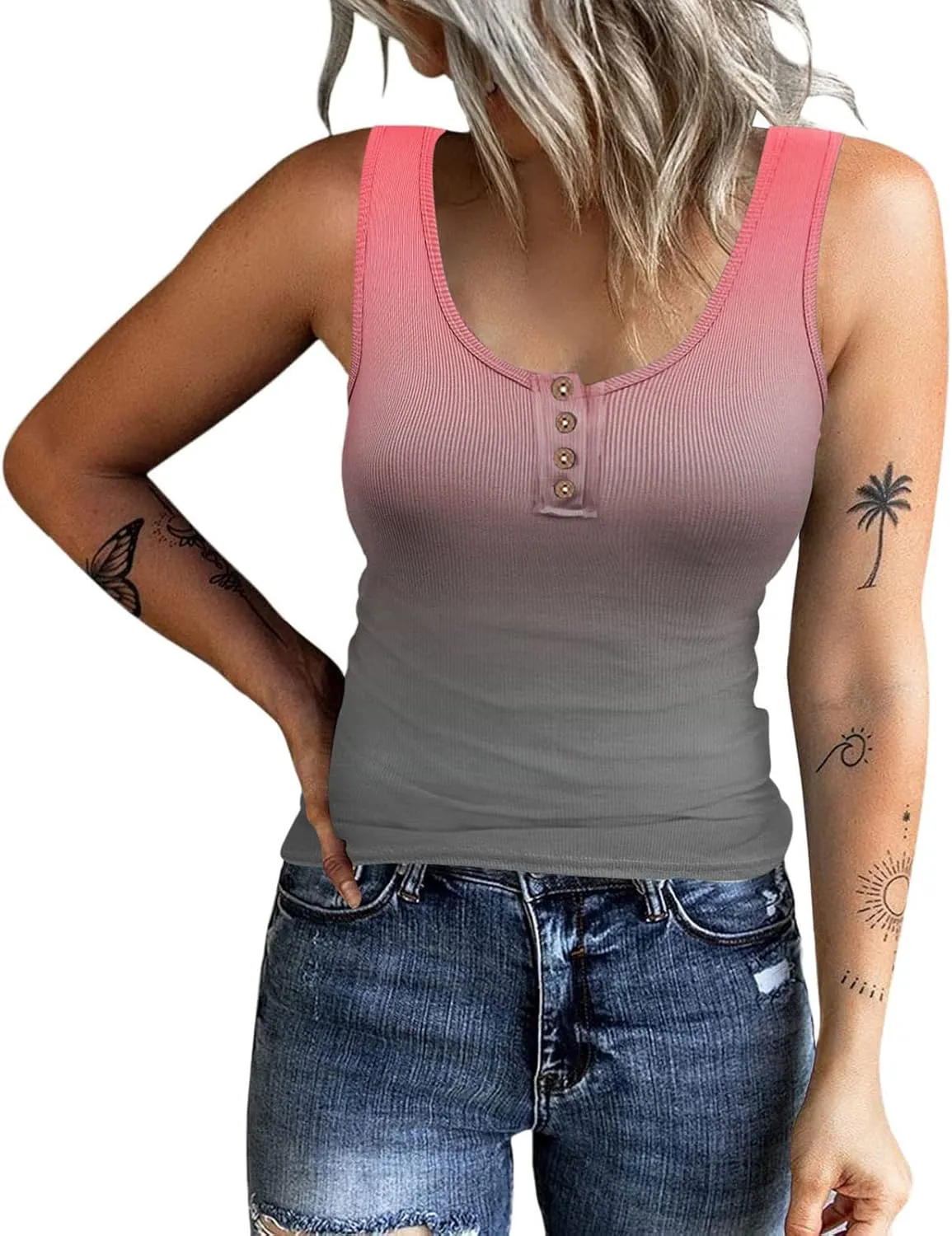 Womens Sleeveless Henley Tank Tops Ribbed Knit Scoop Neck Button Up T Shirts Summer Ombre Slim Fit Tee Tops Stretch