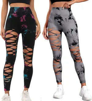 Women's Tie Dye Cutout Tights High Waist Workout Yoga Leggings,Scrunch Butt Lifting Elastic Pants,2 Pack