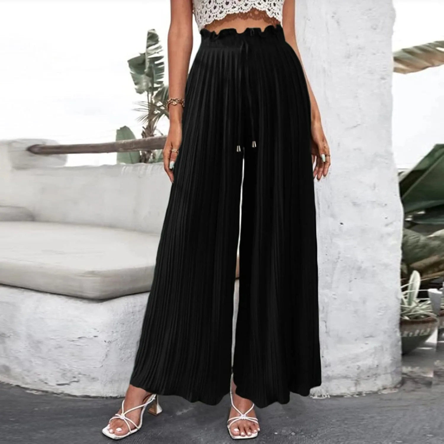 Womens Work Pants Wide Leg Casual High Waist Loose Elastic Pants Elastic Waist Breathable Vacation Comfort Trousers