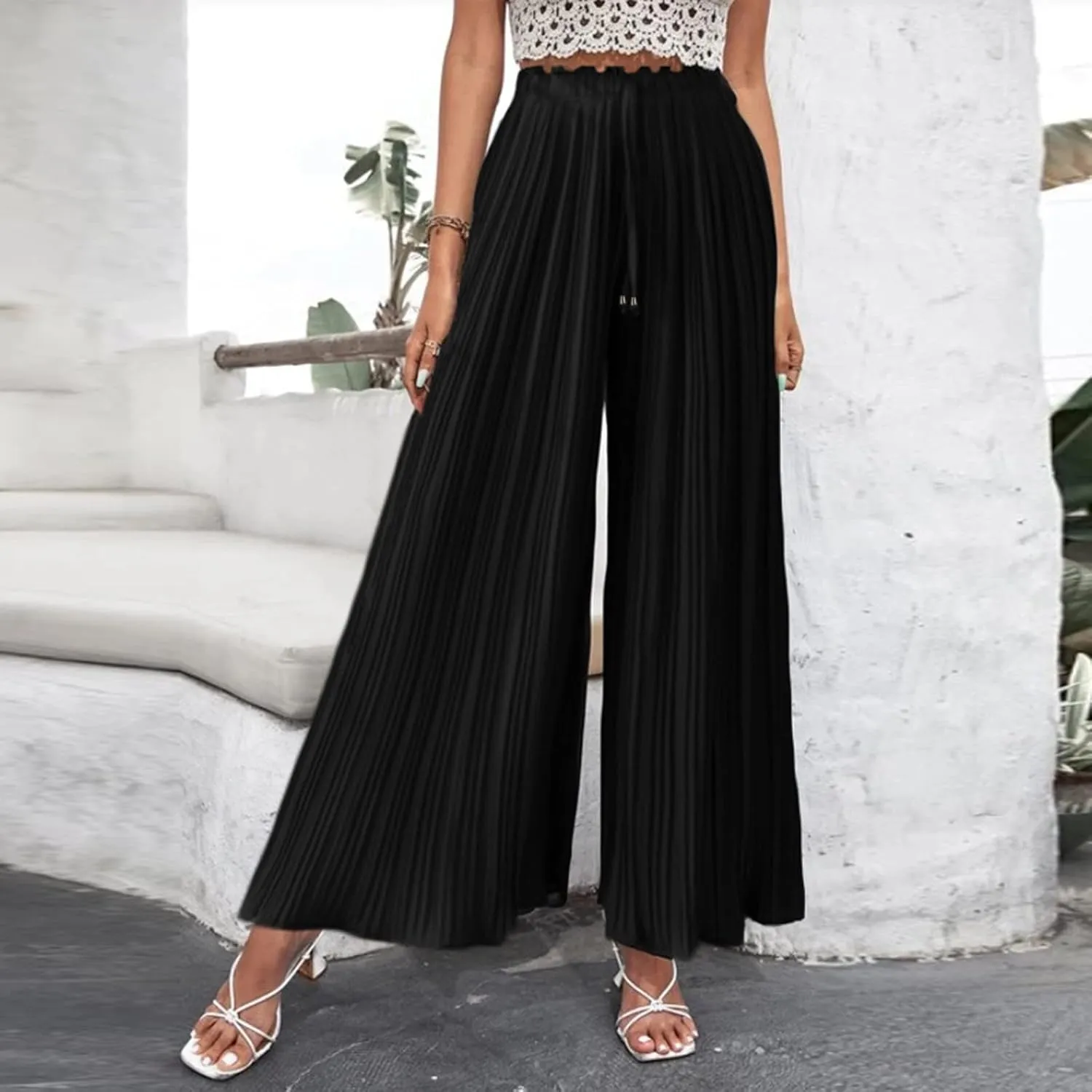 Womens Work Pants Wide Leg Casual High Waist Loose Elastic Pants Elastic Waist Breathable Vacation Comfort Trousers