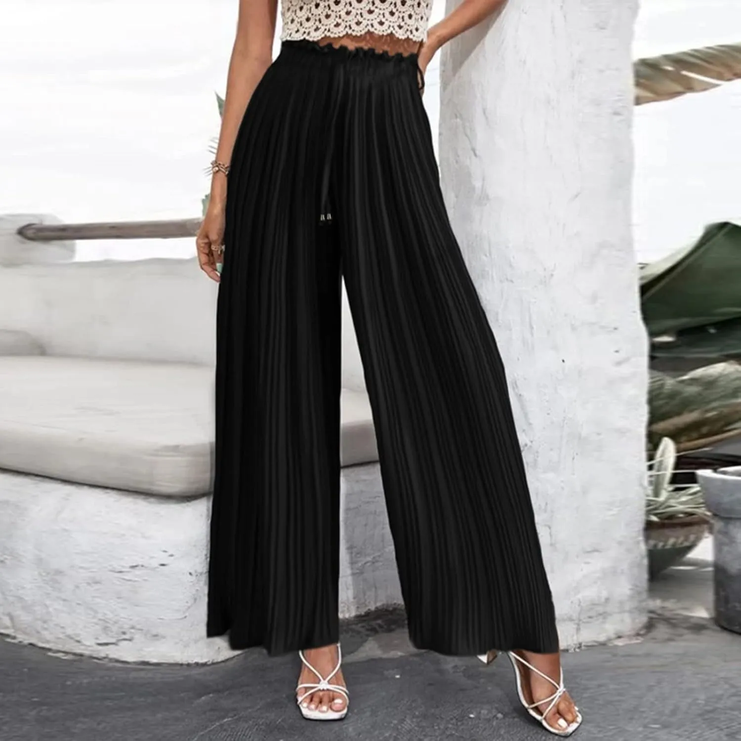 Womens Work Pants Wide Leg Casual High Waist Loose Elastic Pants Elastic Waist Breathable Vacation Comfort Trousers