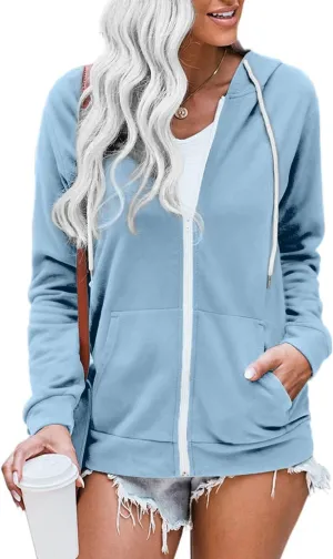 WROLEM Women Casual Full Zip Up Hoodie Comfy Loose Long Sleeve Sweatshirt Solid Color Jacket with Pockets