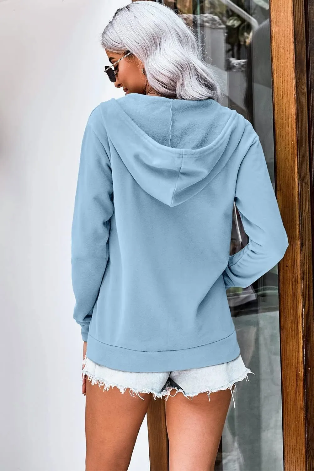 WROLEM Women Casual Full Zip Up Hoodie Comfy Loose Long Sleeve Sweatshirt Solid Color Jacket with Pockets