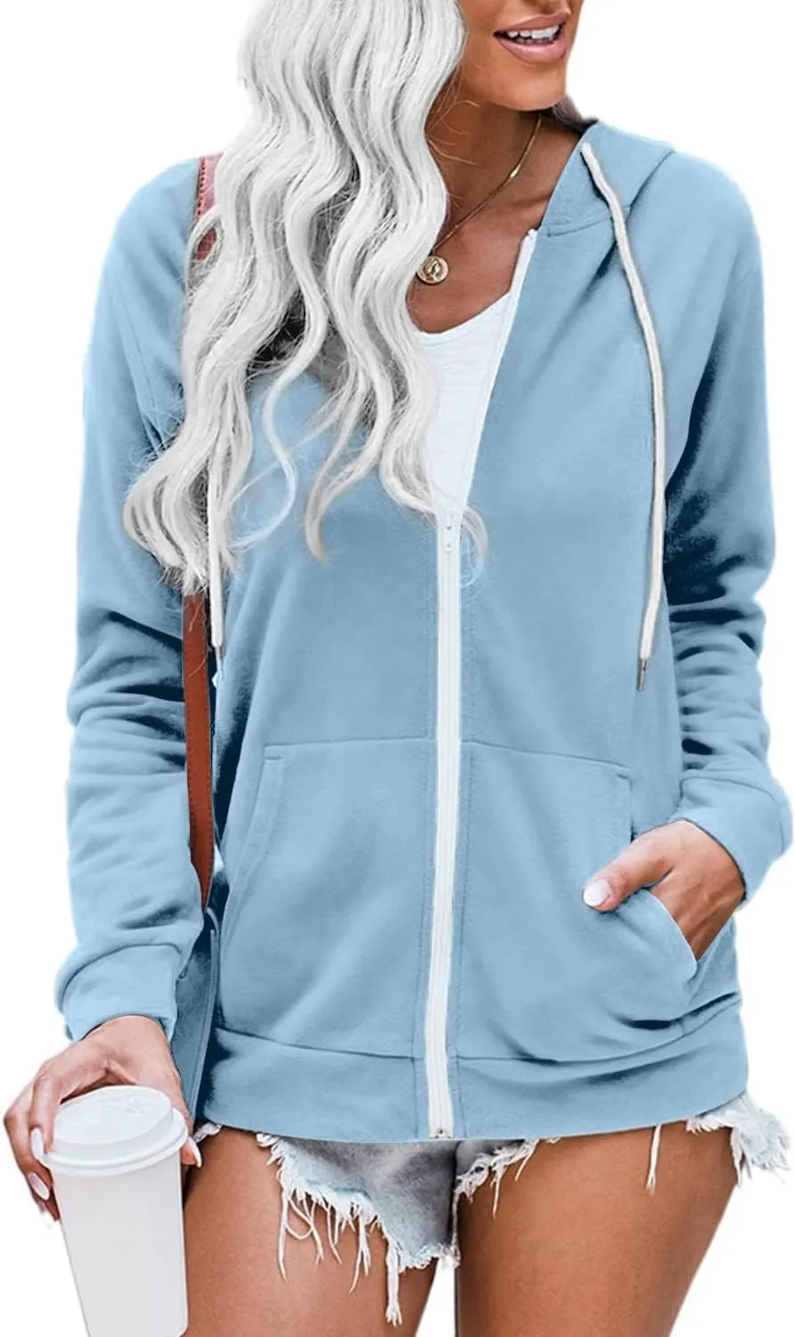 WROLEM Women Casual Full Zip Up Hoodie Comfy Loose Long Sleeve Sweatshirt Solid Color Jacket with Pockets