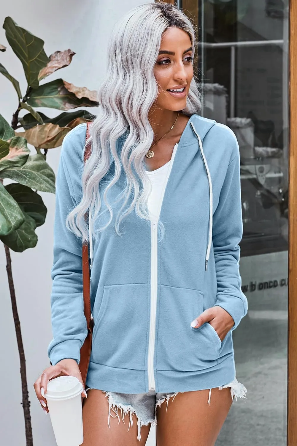 WROLEM Women Casual Full Zip Up Hoodie Comfy Loose Long Sleeve Sweatshirt Solid Color Jacket with Pockets