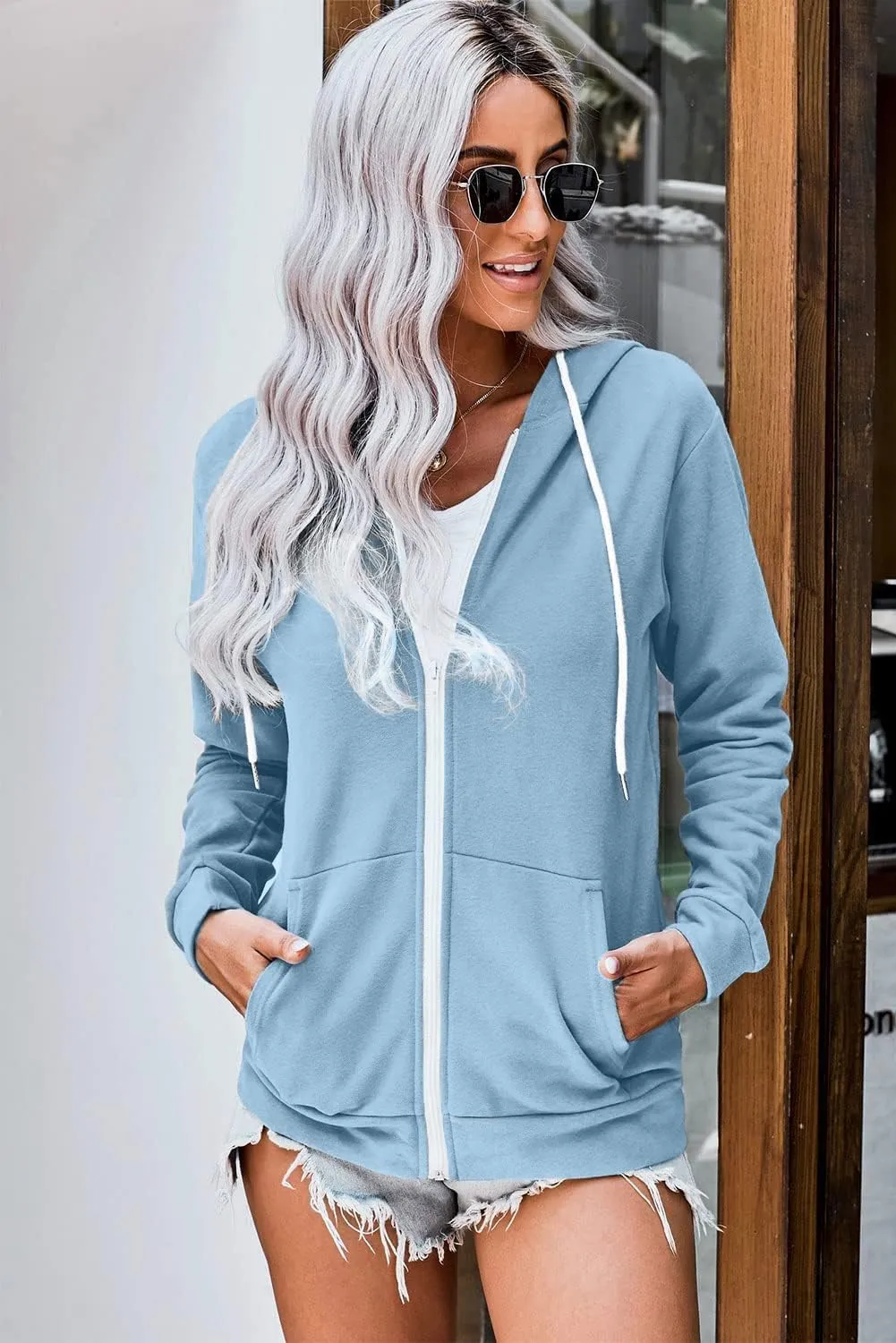 WROLEM Women Casual Full Zip Up Hoodie Comfy Loose Long Sleeve Sweatshirt Solid Color Jacket with Pockets