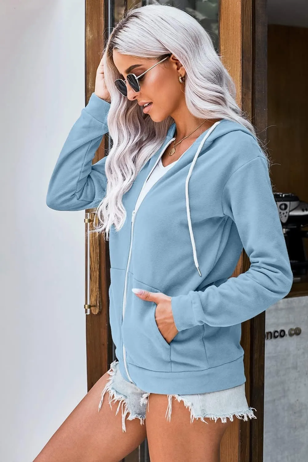 WROLEM Women Casual Full Zip Up Hoodie Comfy Loose Long Sleeve Sweatshirt Solid Color Jacket with Pockets