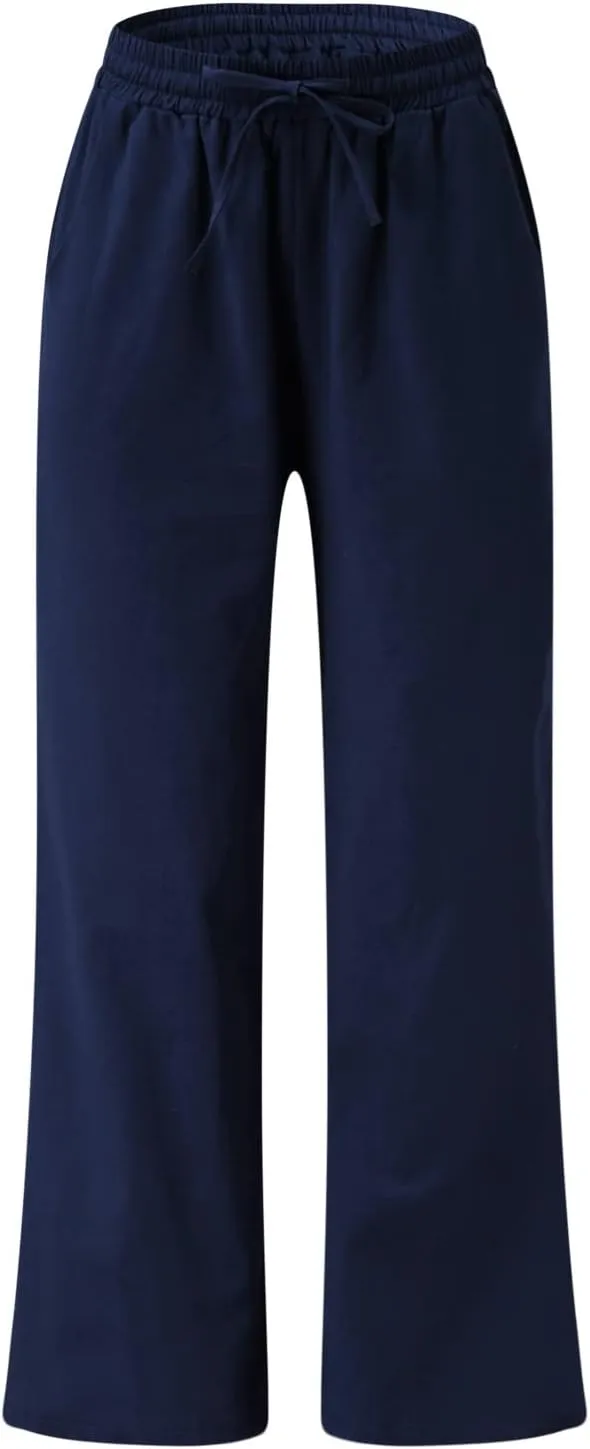 YOLAI Women's Cotton Linen Loose Pants Casual Wide Leg Trouser Solid Color High Waist Drawstring Trousers with Pockets